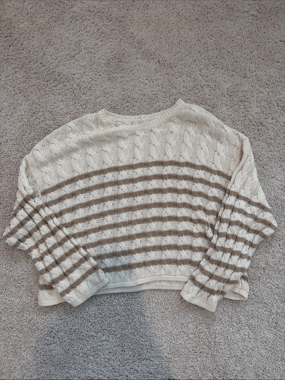 American Eagle Outfitters Cream and Brown Striped Cable-Knit Crewneck Sweater